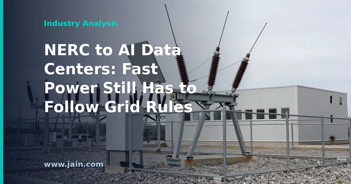 High-voltage transmission lines and substation feeding an AI data center under grid reliability rules