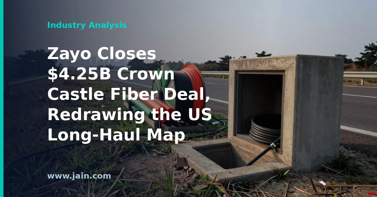 Fiber optic routes converging across a US map, representing Zayo's $4.25B Crown Castle fiber acquisition