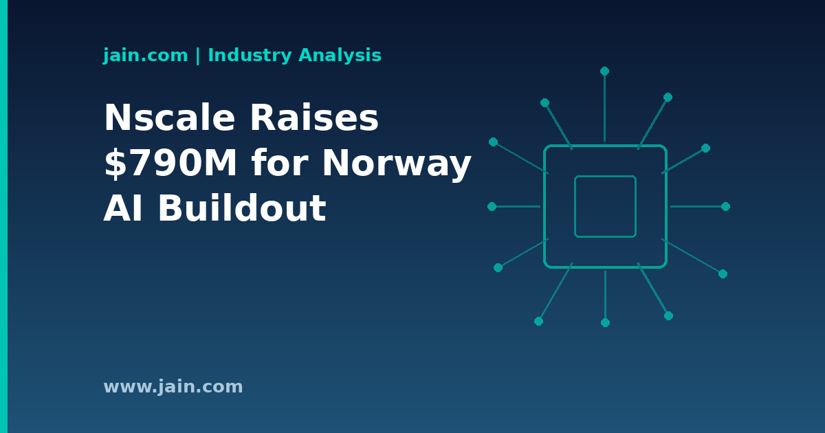 AI data center in snowy Norwegian fjord landscape symbolizing Nscale's $790M Norway financing