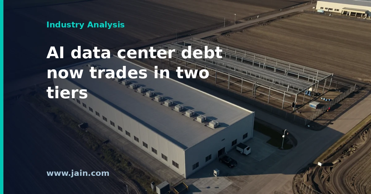 Falling CoreWeave bond price chart beside steady secured data center debt, illustrating two-tier AI buildout financing