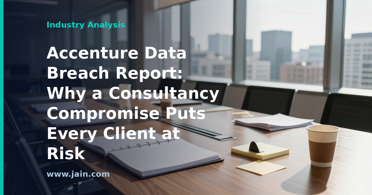 Accenture data breach concept: cracked shield over a network of connected enterprise clients