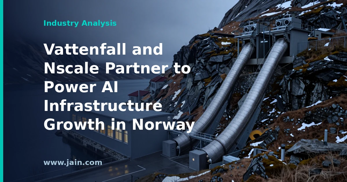 Hydropower dam and data center in a Norwegian fjord landscape symbolizing the Vattenfall Nscale AI infrastructure partnership