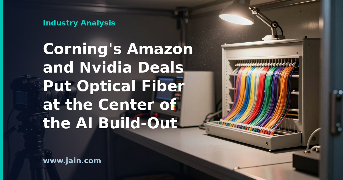 Spools of optical fiber feeding an AI data center corridor, representing Corning's fiber deals with Amazon and Nvidia
