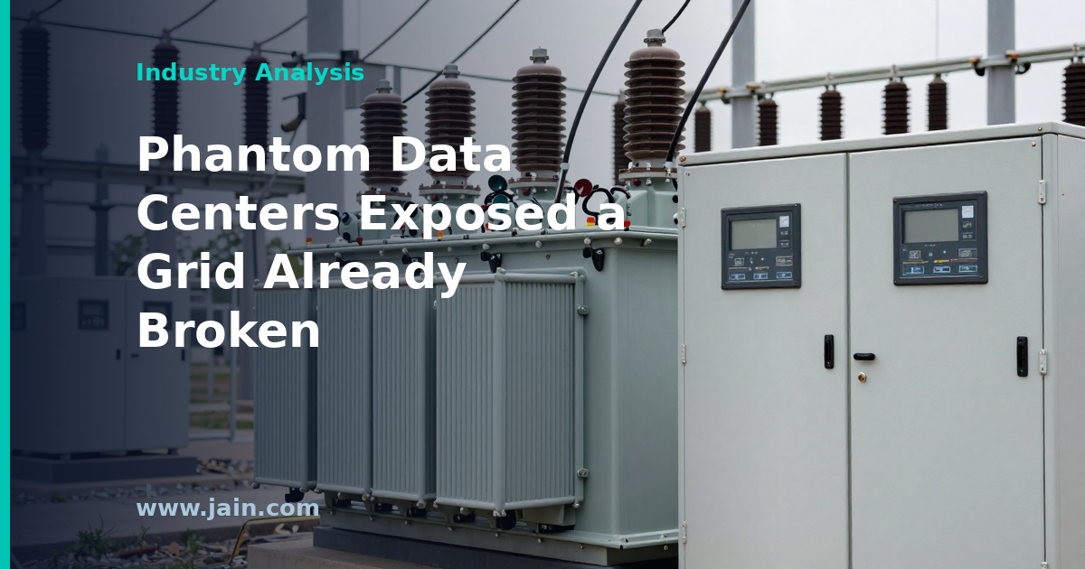 Phantom data centers as translucent outlines beside power grid transmission lines and a crowded interconnection queue