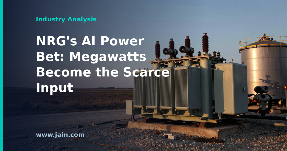 NRG Energy data center power pipeline: gas turbines and transmission lines beside a Texas AI data center