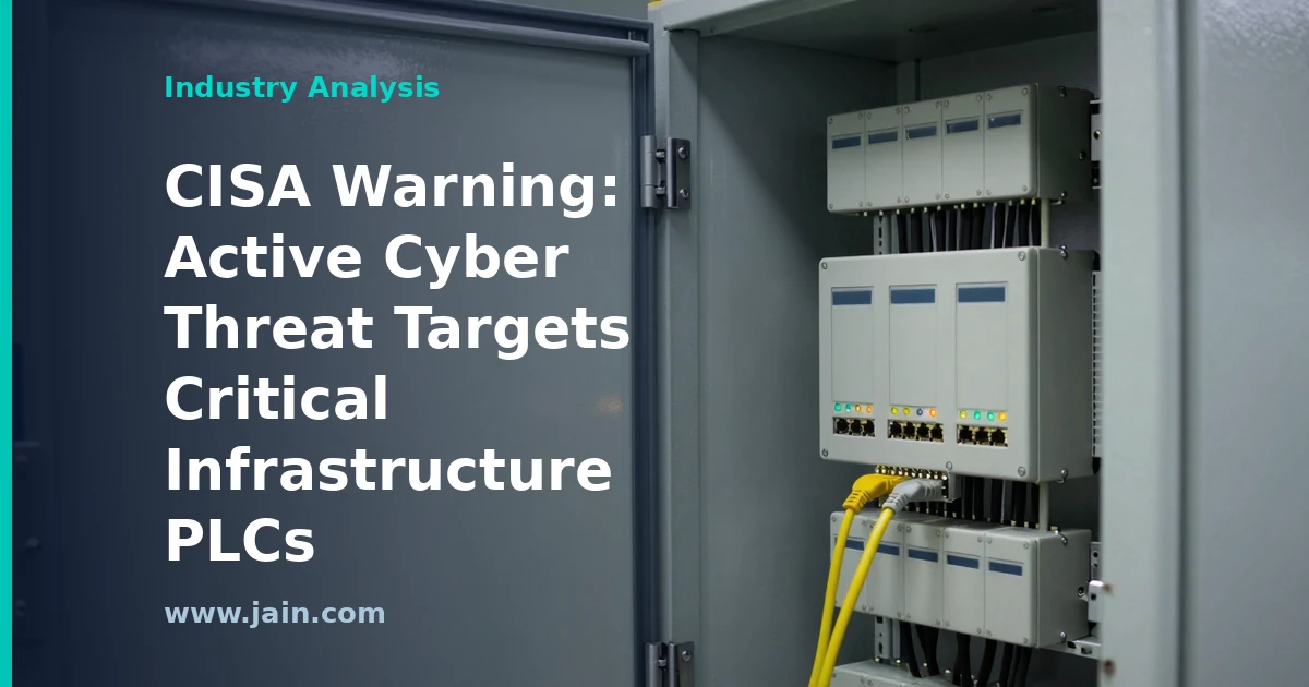 Industrial control panel with programmable logic controllers under a cyber threat warning overlay