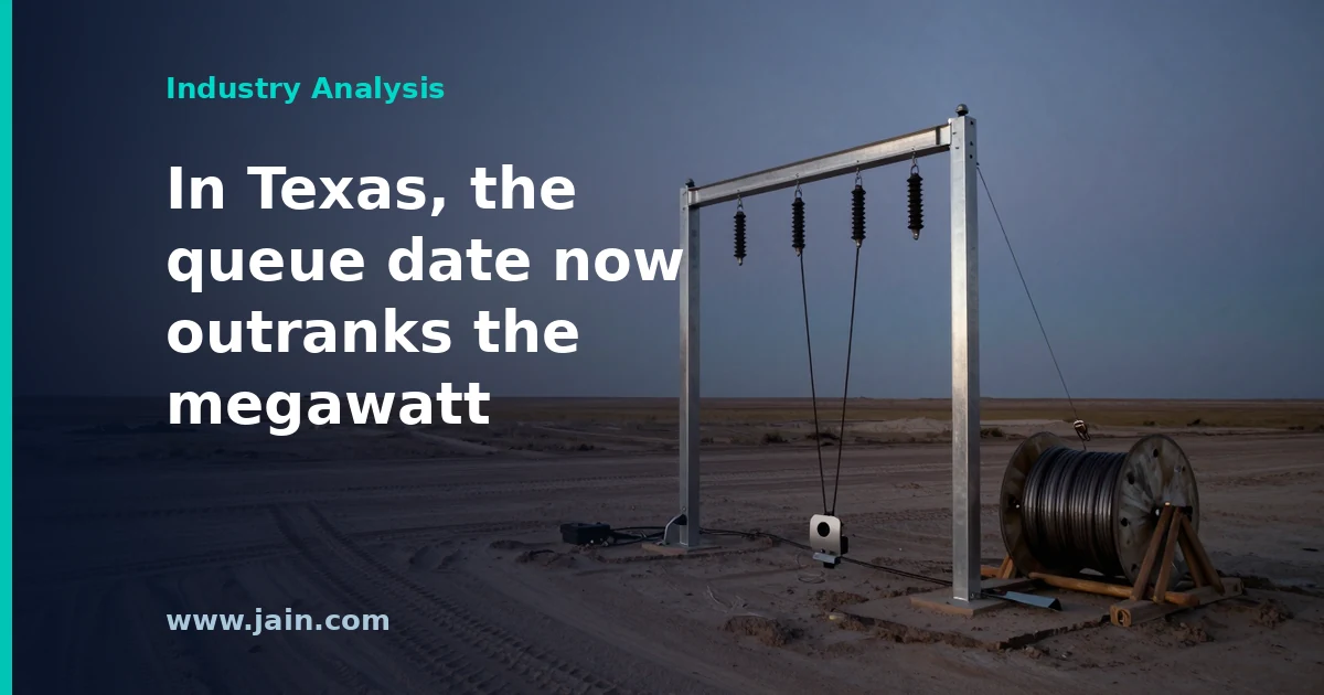 Texas power grid transmission lines beside an AI data center, illustrating ERCOT interconnection queue status for 3.2 GW
