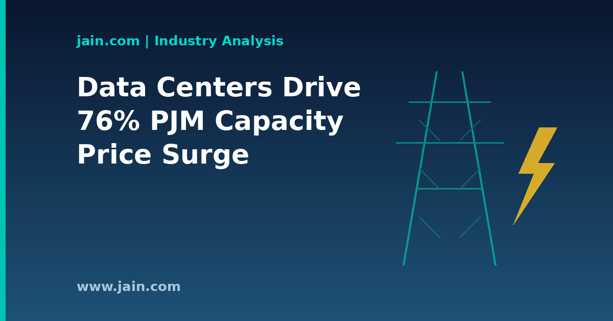 Data center racks in front of high-voltage transmission lines symbolizing surging PJM capacity prices
