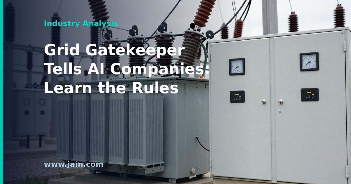 High-voltage transmission lines and substation feeding an AI data center under grid reliability rules