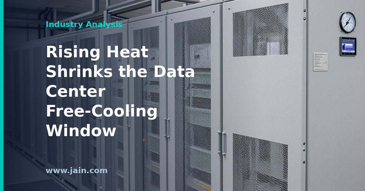 Data center cooling towers under a hazy hot sky as rising heat and humidity strain free cooling