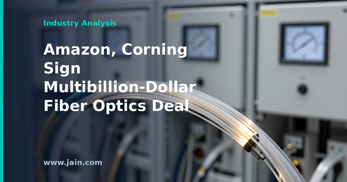 Spools of optical fiber cable at a manufacturing plant, representing the Amazon-Corning fiber optics deal