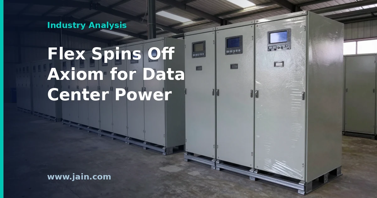 Flex Axiom spin-off illustration showing data center power and cooling infrastructure splitting from a manufacturing company