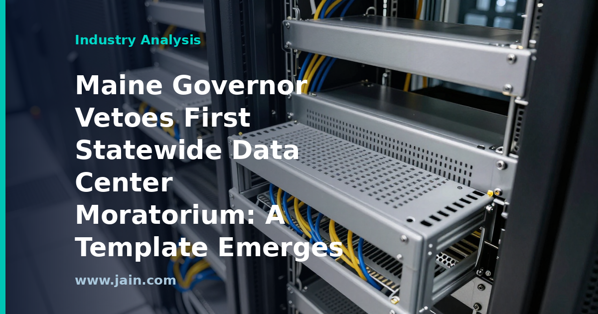 Maine State House with data center servers, symbolizing the vetoed statewide data center moratorium
