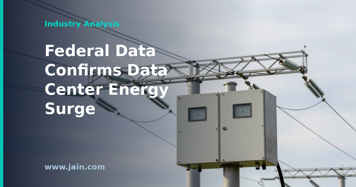 Rows of data center servers with a rising energy-use chart, illustrating EIA commercial buildings data