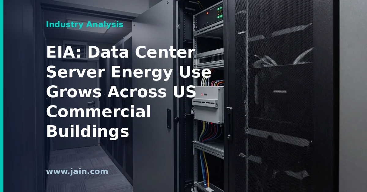 Rows of data center servers with a rising energy-use chart, illustrating EIA commercial buildings data