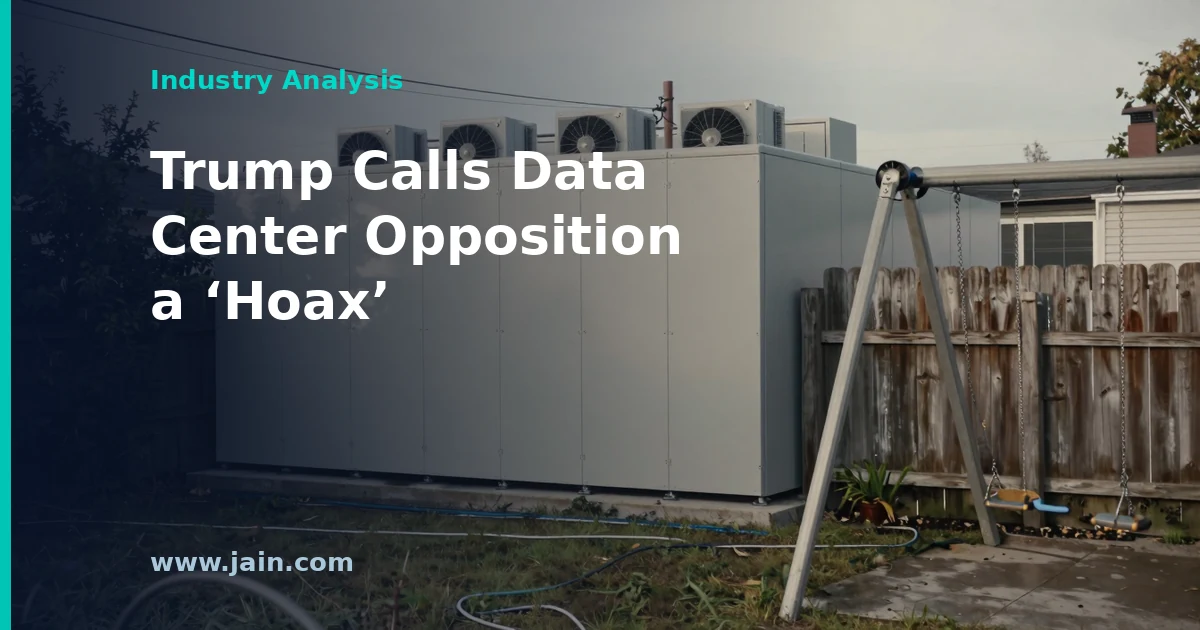 Large AI data center beside power lines, illustrating Trump calling data center opposition a hoax