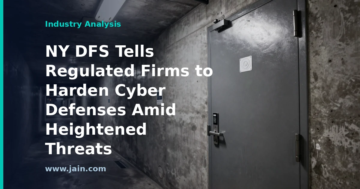 New York financial district skyline with digital shield overlay symbolizing DFS cybersecurity guidance