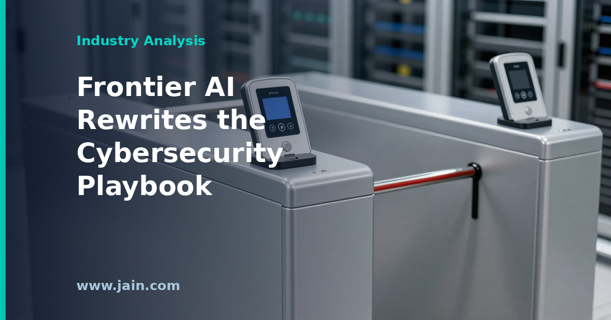 Shield and neural-network circuitry motif representing frontier AI cybersecurity defense