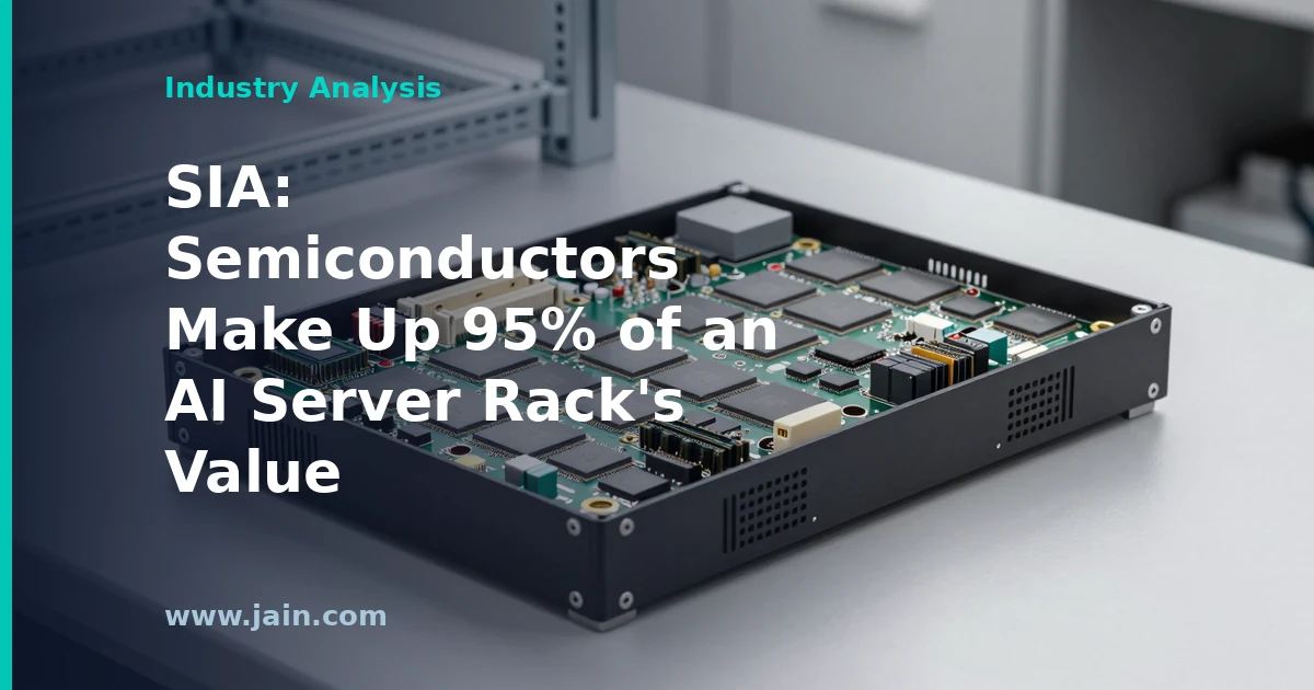 AI data server rack with semiconductors highlighted as 95% of its value across the chip stack