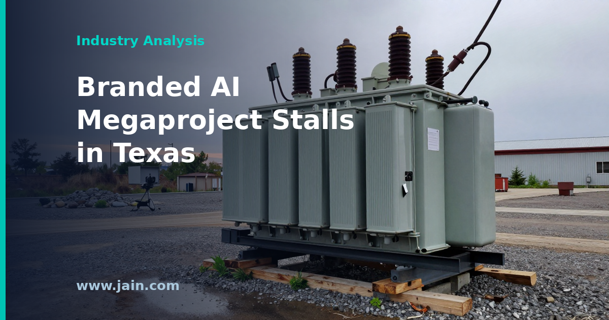 Unfinished AI data center construction site in Texas at dusk, steel frame and idle cranes beside transmission lines
