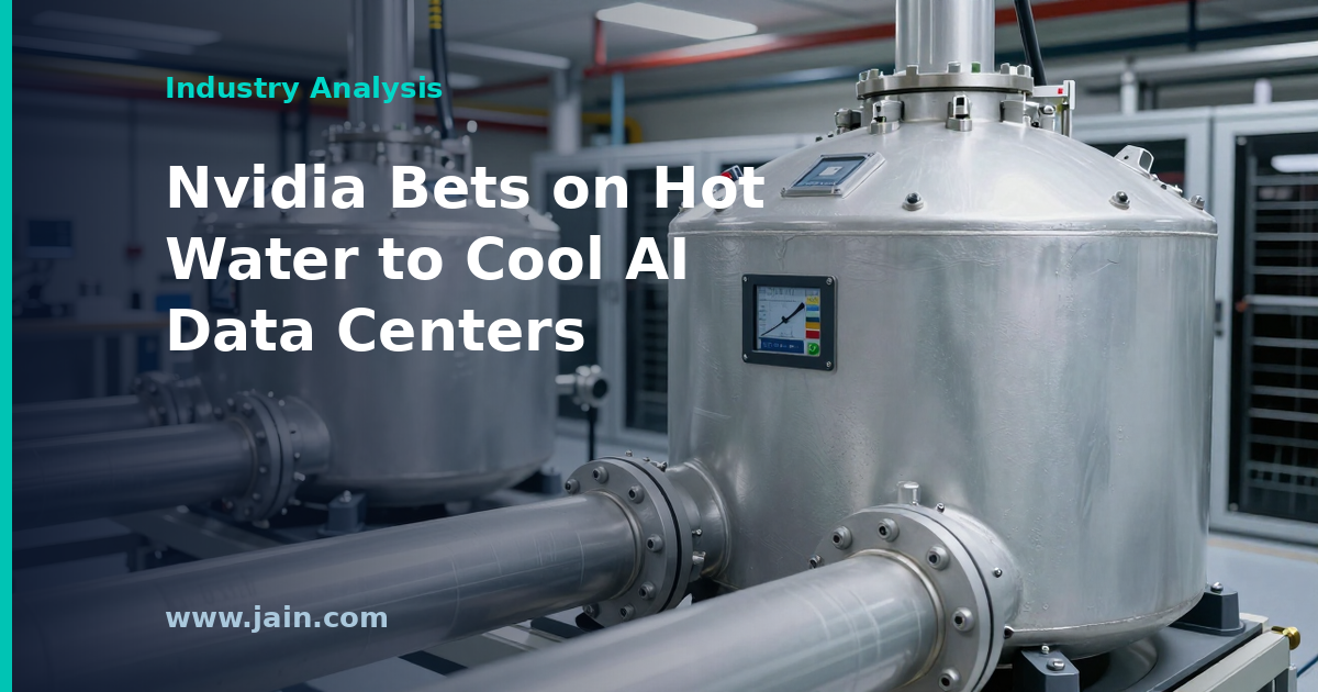 Nvidia hot-water liquid cooling pipes carrying warm coolant through an AI data center rack