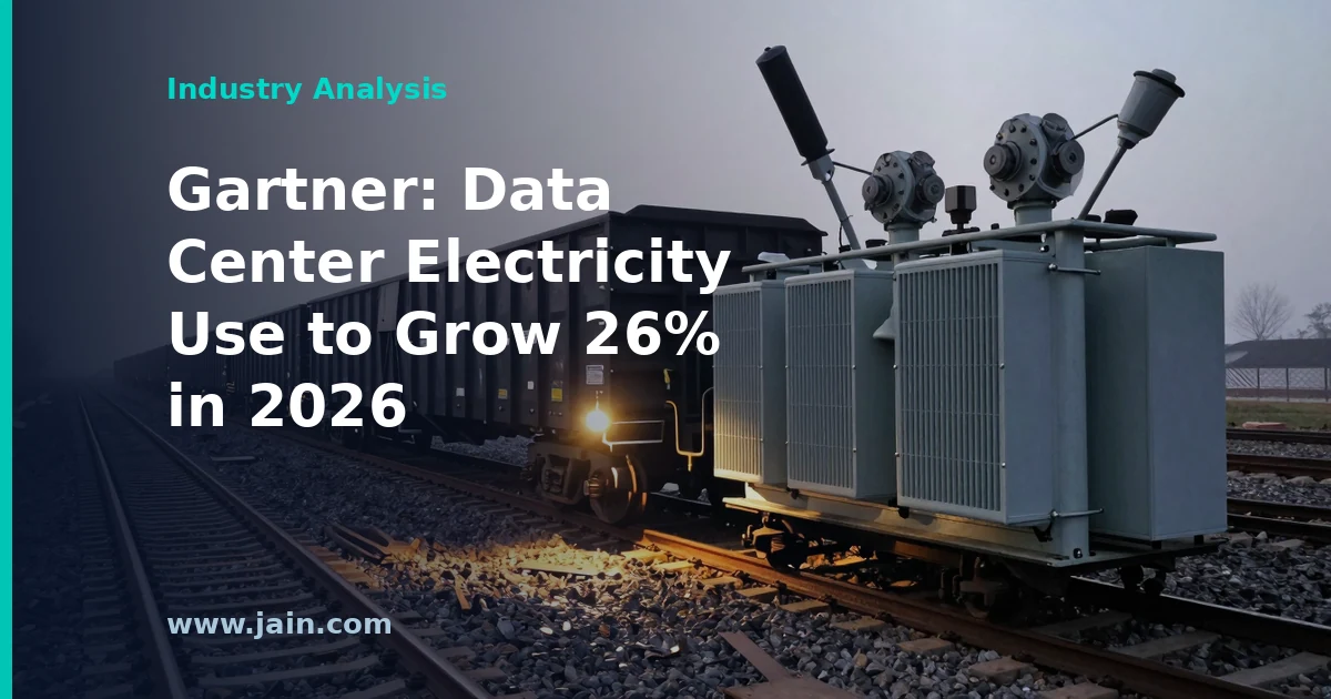 High-voltage transmission lines feeding a data center campus, illustrating 26% data-center electricity growth