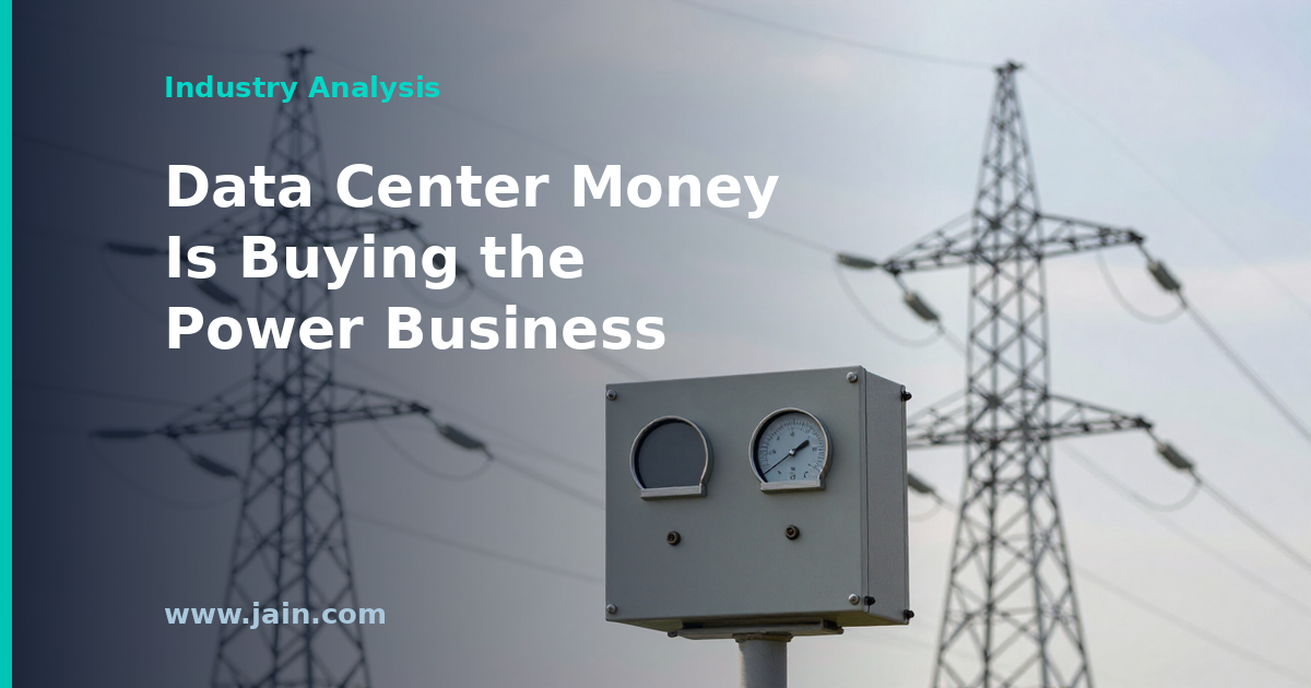 Data center investors buying power developers: transmission lines converging on a data center campus at dusk