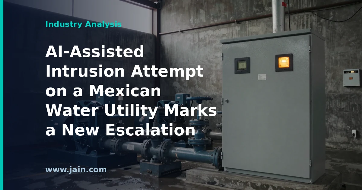 Water treatment plant control room with digital overlay symbolizing an AI-assisted cyberattack on critical infrastructure
