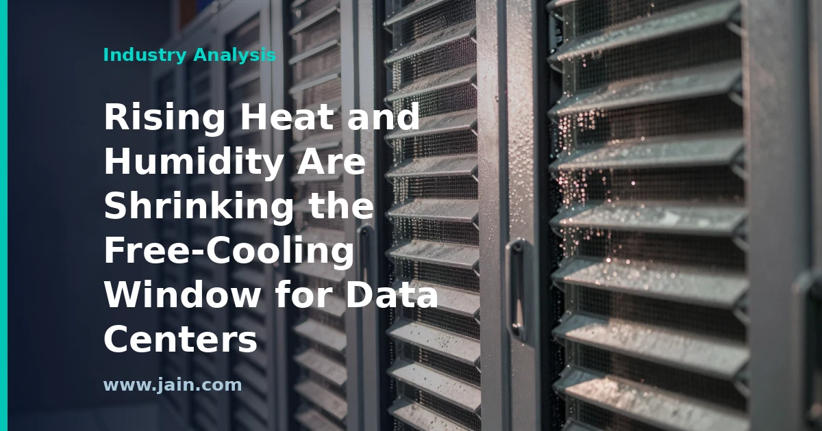 Data center cooling towers under a hazy hot sky as rising heat and humidity strain free cooling