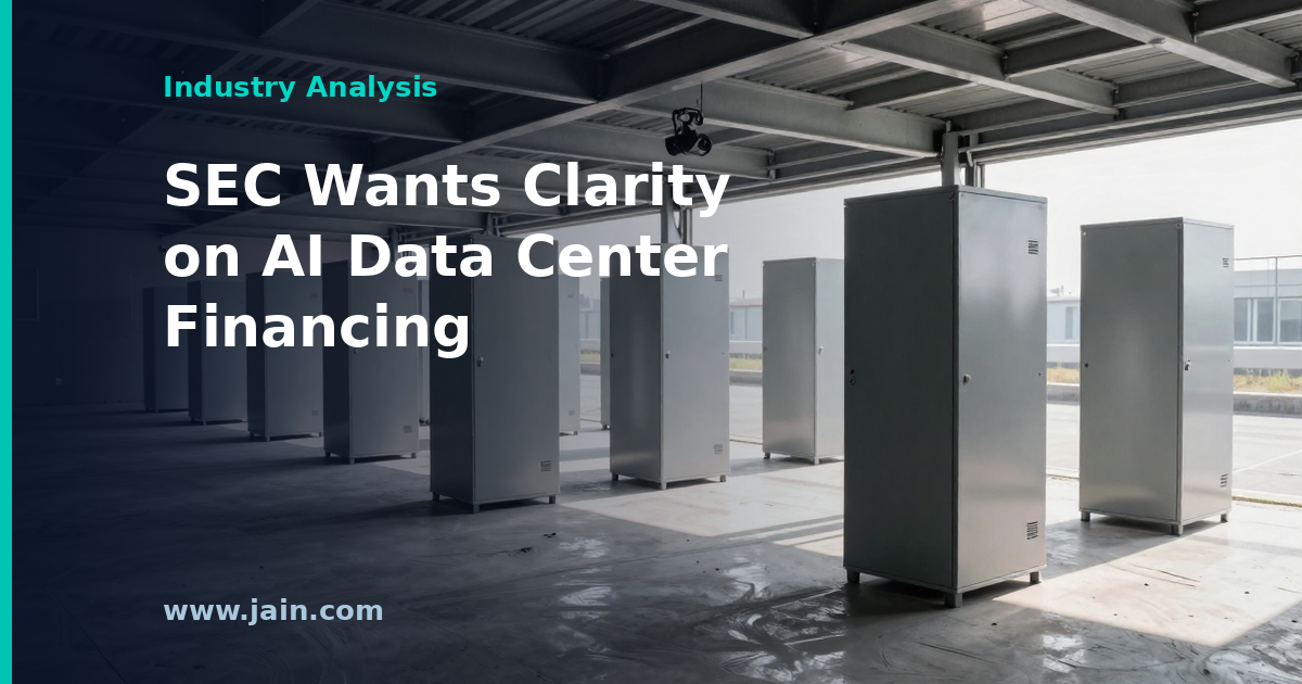 SEC disclosure scrutiny of AI data center financing, shown as filings beside a server hall