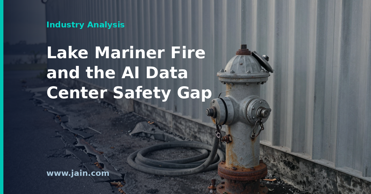 Firefighters at a partly built AI data center on a former coal plant site, illustrating data center fire safety gaps