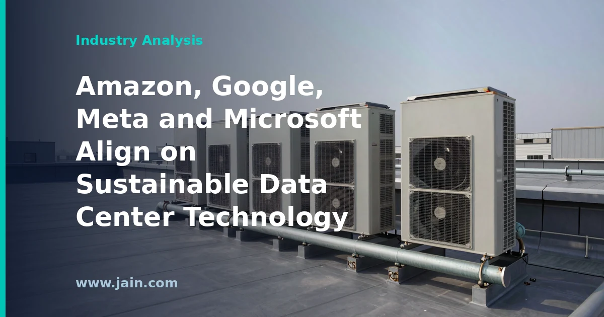 Amazon, Google, Meta and Microsoft logos converge on a sustainable data center with green energy systems
