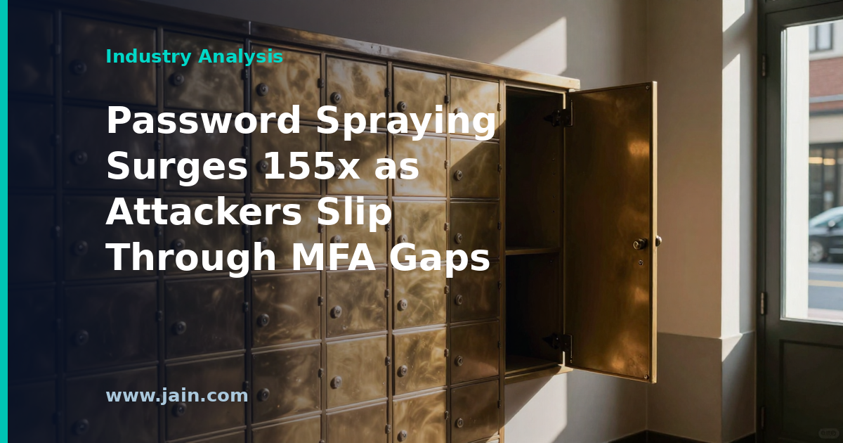 Wall of glowing login prompts with one unguarded door, illustrating password spraying attacks bypassing MFA gaps