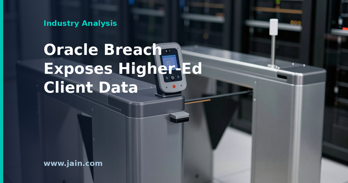 Data breach alert over university campus symbolizing Oracle higher-ed client data exposure