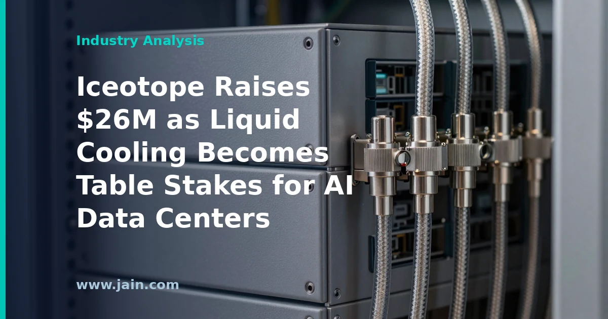 Liquid cooling pipes on AI server racks in a data center, illustrating Iceotope's $26M raise