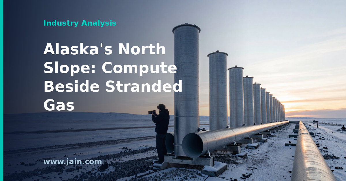 Arctic data center concept on Alaska's North Slope beside gas processing infrastructure and snow-covered tundra