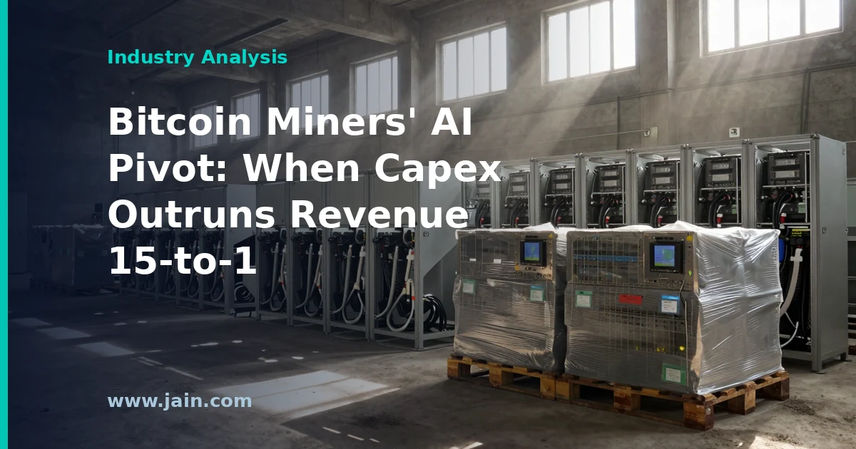 Bitcoin mining data center converting to AI infrastructure with GPU racks, capex outpacing revenue