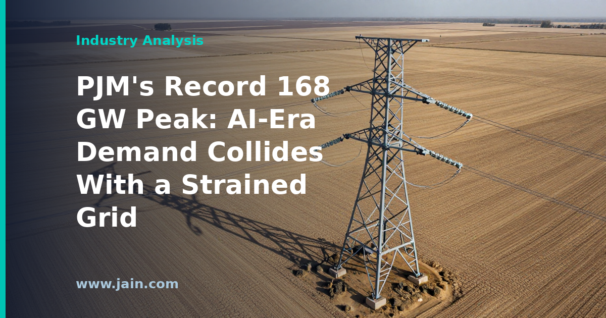 High-voltage transmission lines under a hot summer sky as PJM grid demand hits a record 168 GW peak load