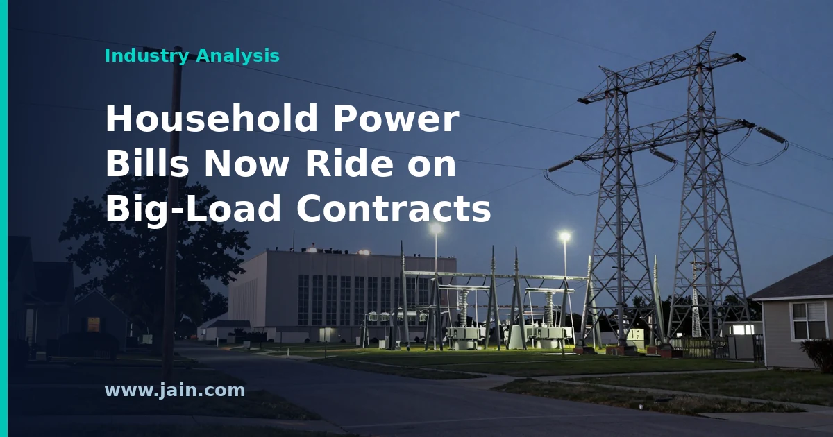 AEP high-voltage transmission lines feeding a data center campus, illustrating the $100 billion capital plan and 84 GW contracted load