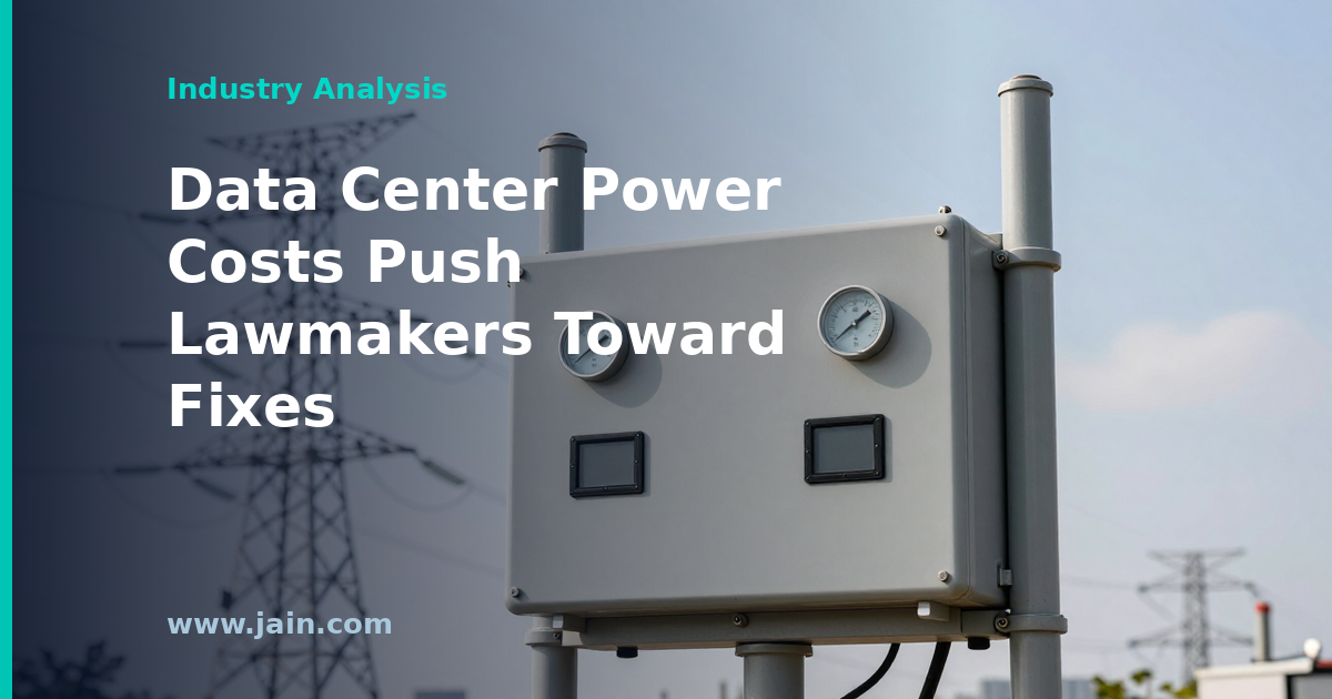 High-voltage transmission lines feeding a data center campus as data center power costs drive lawmaker action