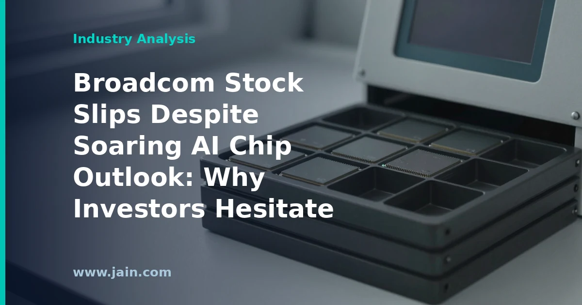 Broadcom custom AI chip on a circuit board beside a declining stock chart after fiscal Q3 earnings