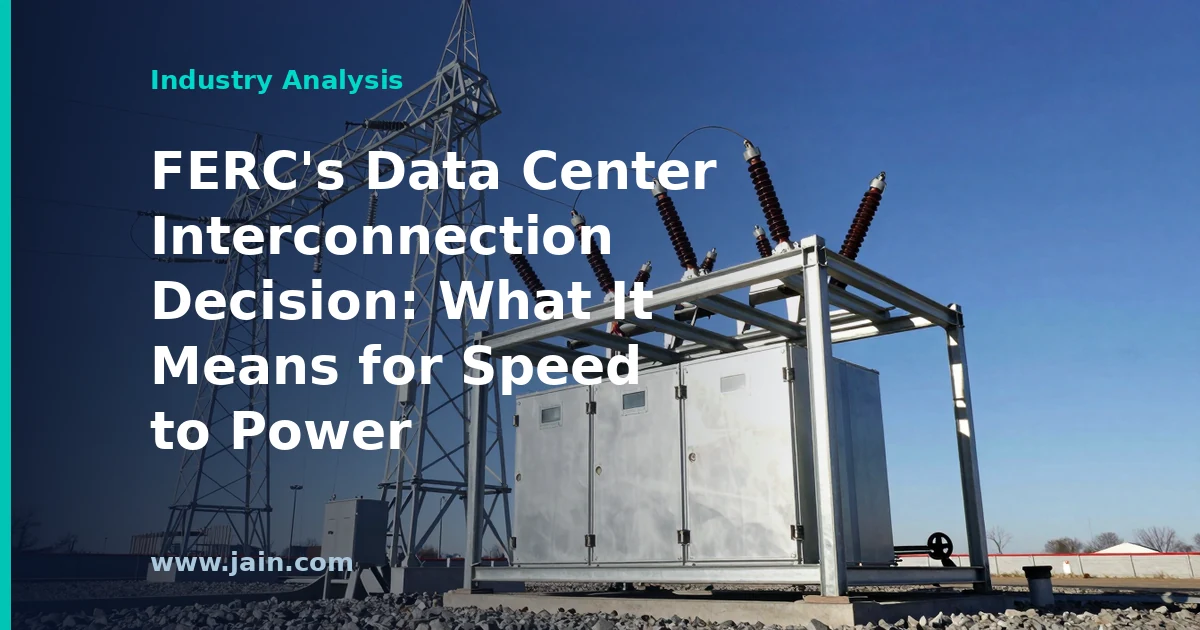 High-voltage transmission lines feeding a large data center campus, illustrating FERC's data center interconnection decision