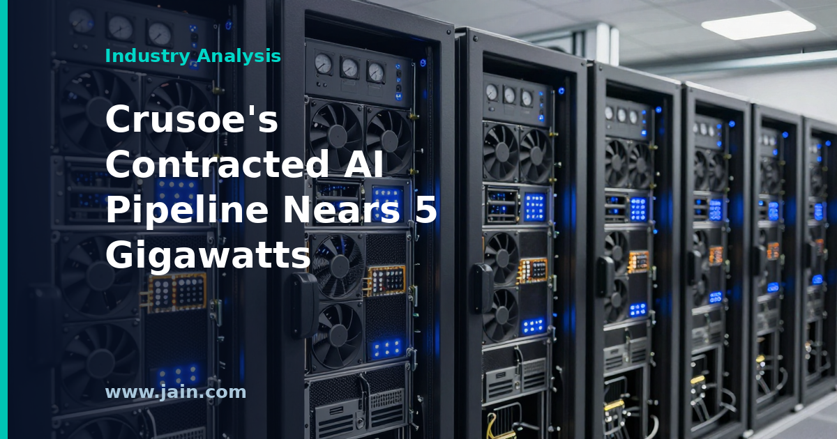 Gigawatt-scale AI data center campus with power infrastructure, representing Crusoe's 5 GW contracted AI infrastructure pipeline