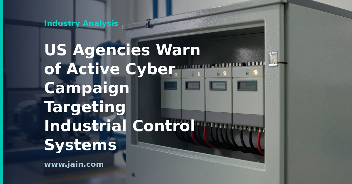 Industrial control panel with PLCs under cyber threat warning targeting critical infrastructure