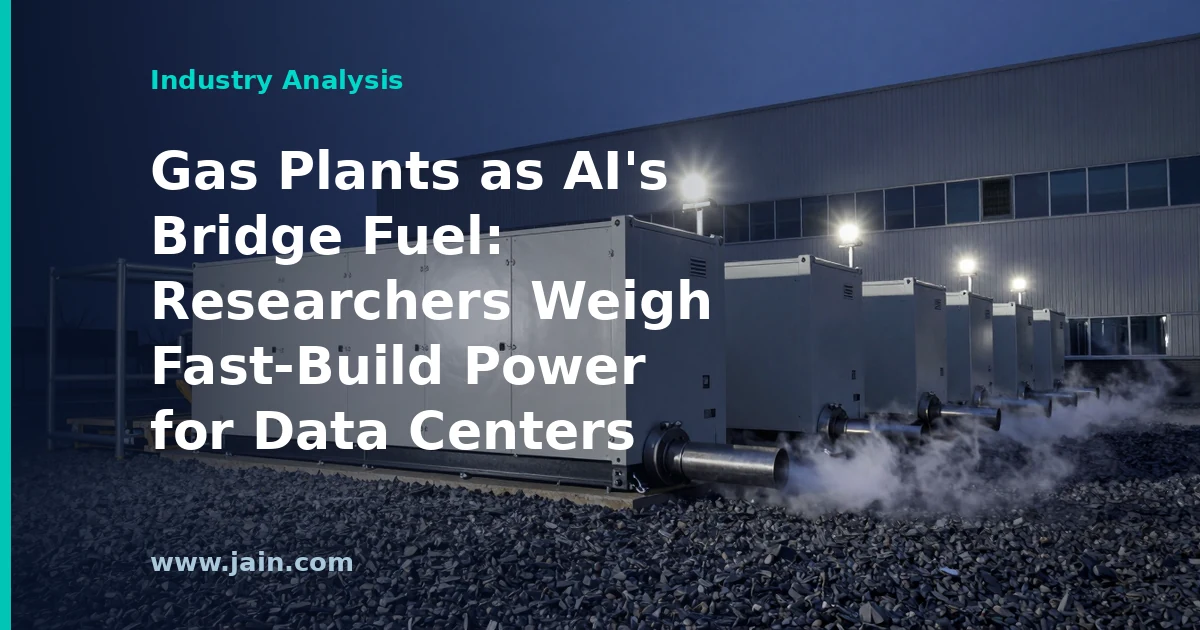 Natural gas power plant turbines beside a data center campus, symbolizing AI's bridge fuel debate