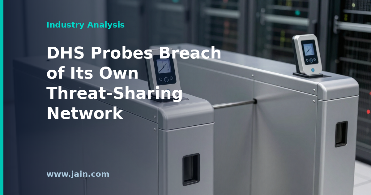 Shielded network diagram with a breach point, representing the DHS cyber threat information-sharing network intrusion