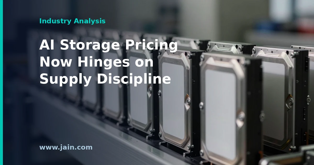 Rows of high-capacity hard disk drives in a data center rack, illustrating Toshiba's HDD expansion and AI storage pricing