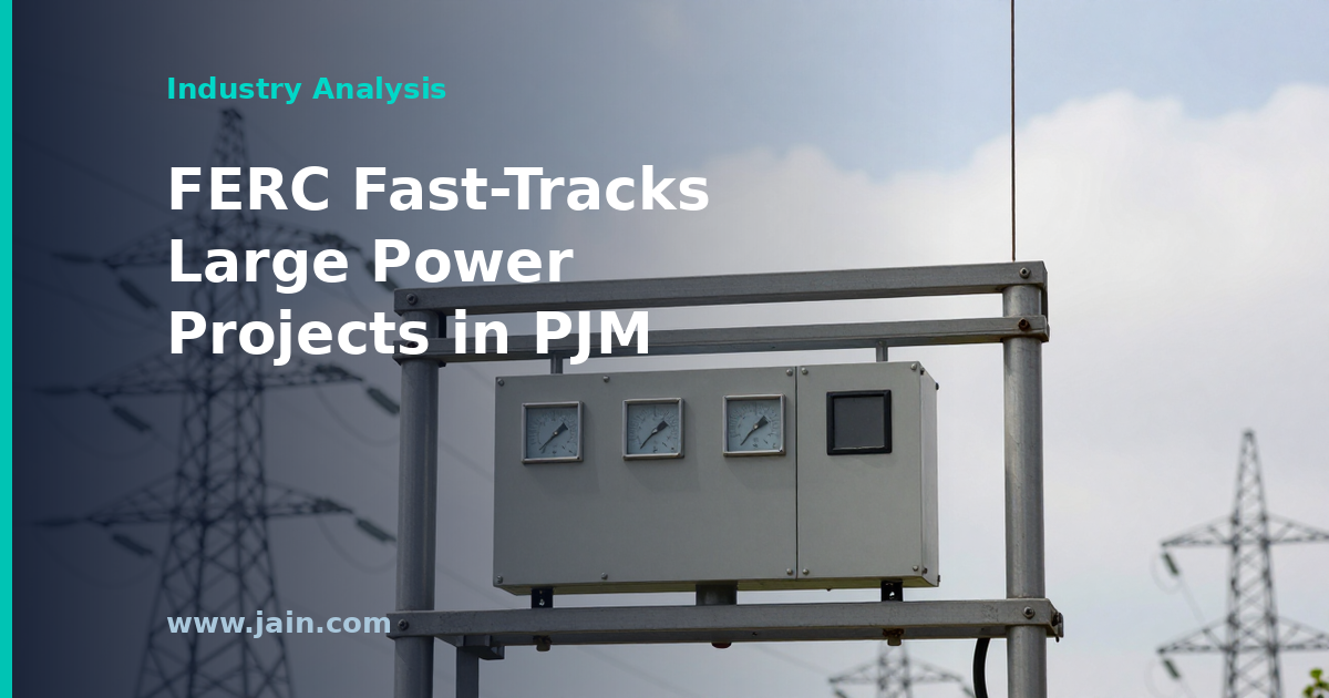 High-voltage transmission lines and substation at dusk, symbolizing PJM's fast-track for large capacity projects