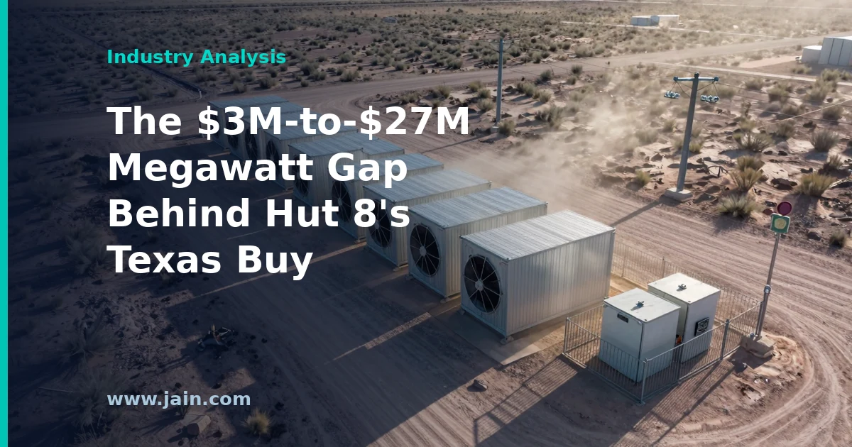 Texas data center buildings beside high-voltage power lines, illustrating Hut 8's $140M winning bid for Poolin's sites