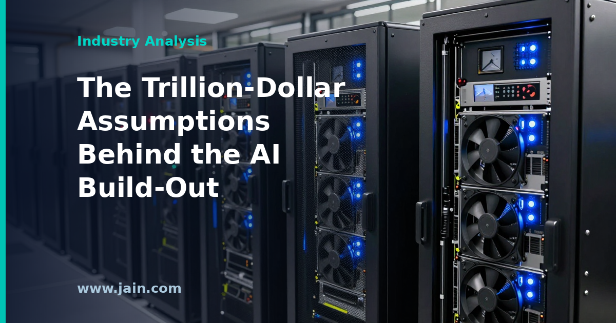 AI build-out assumptions: data center rows, power lines, and chips behind trillion-dollar forecasts